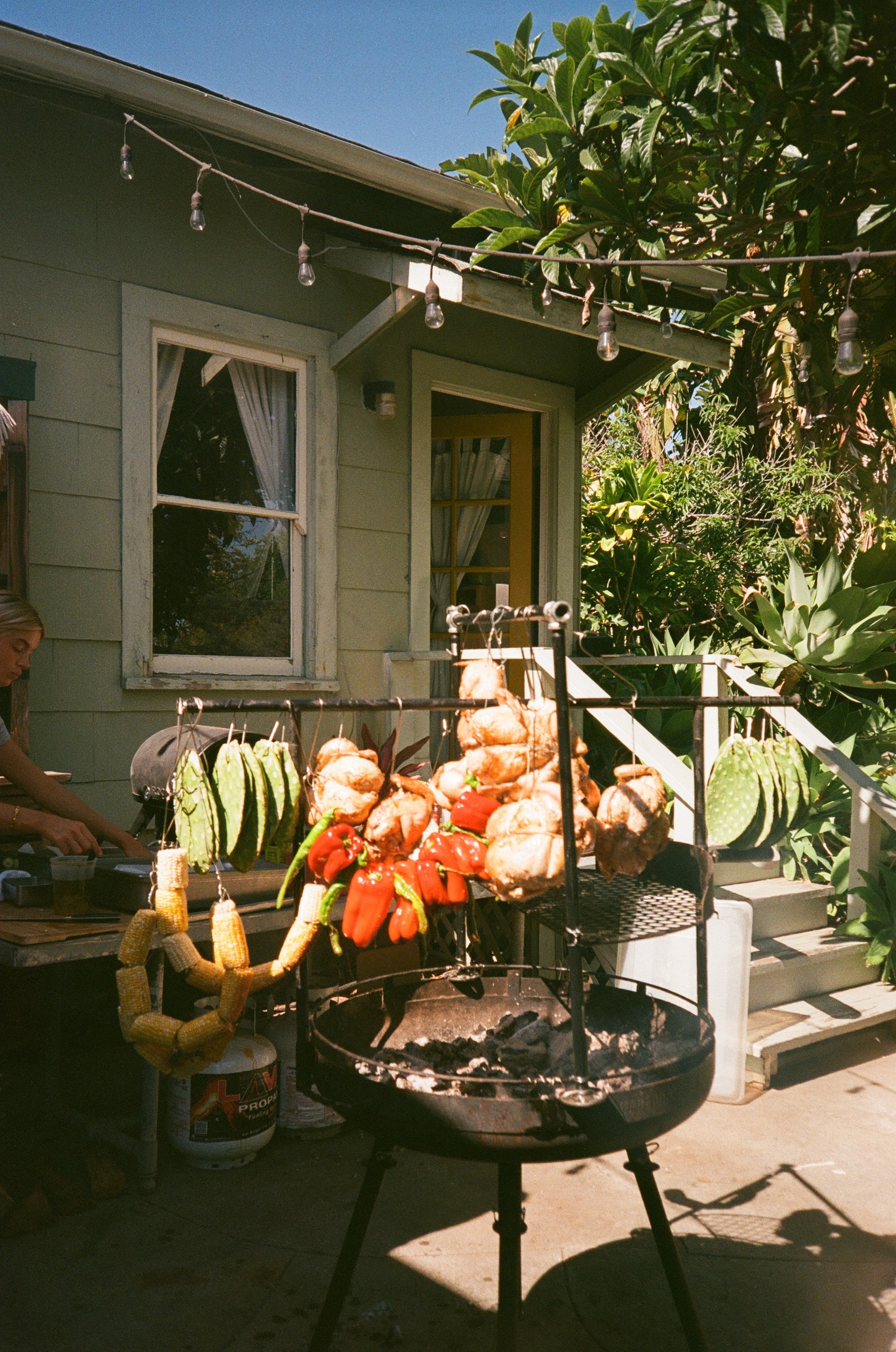 Live-fire chicken and vegetables cooking beside the house
