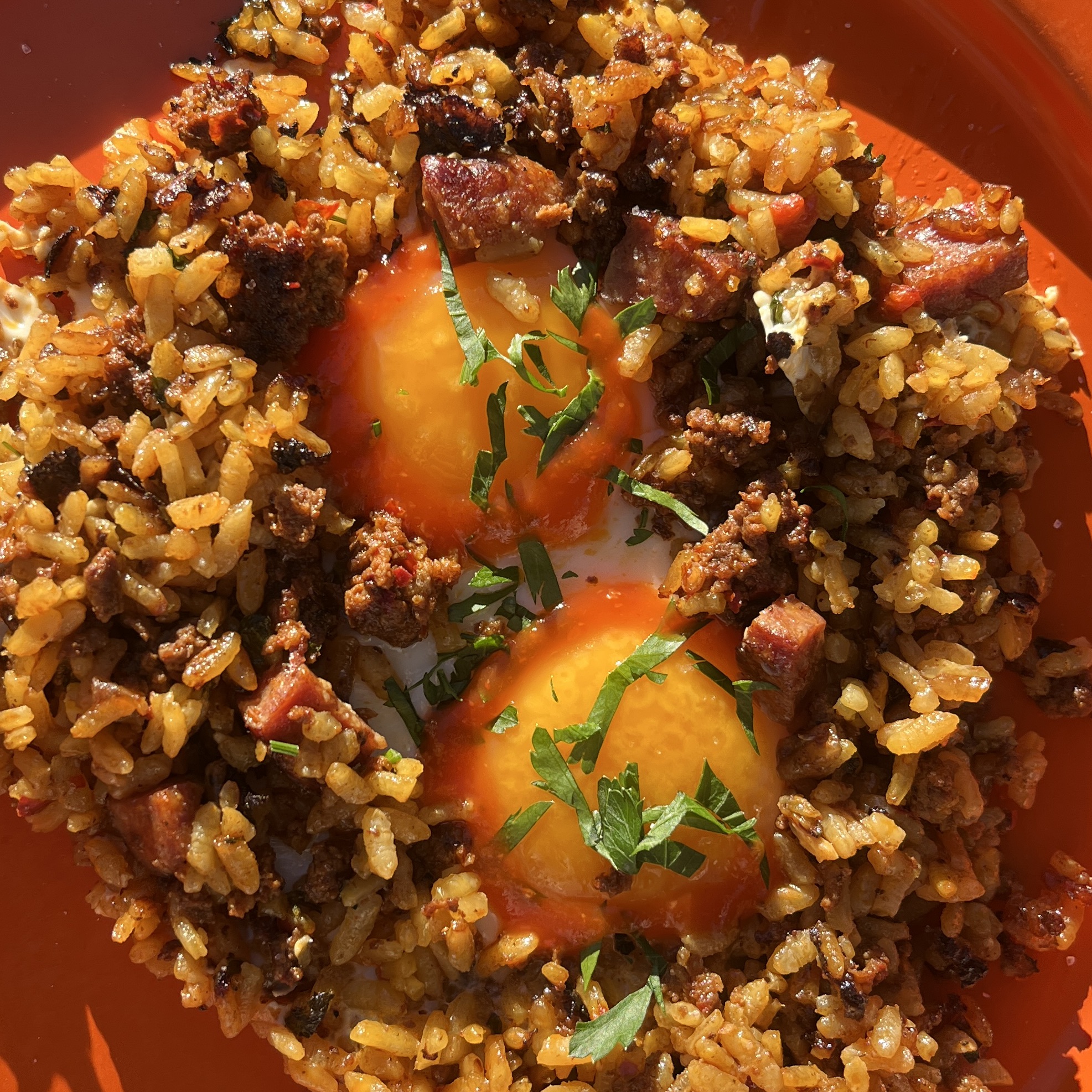Crisp rice and soft eggs