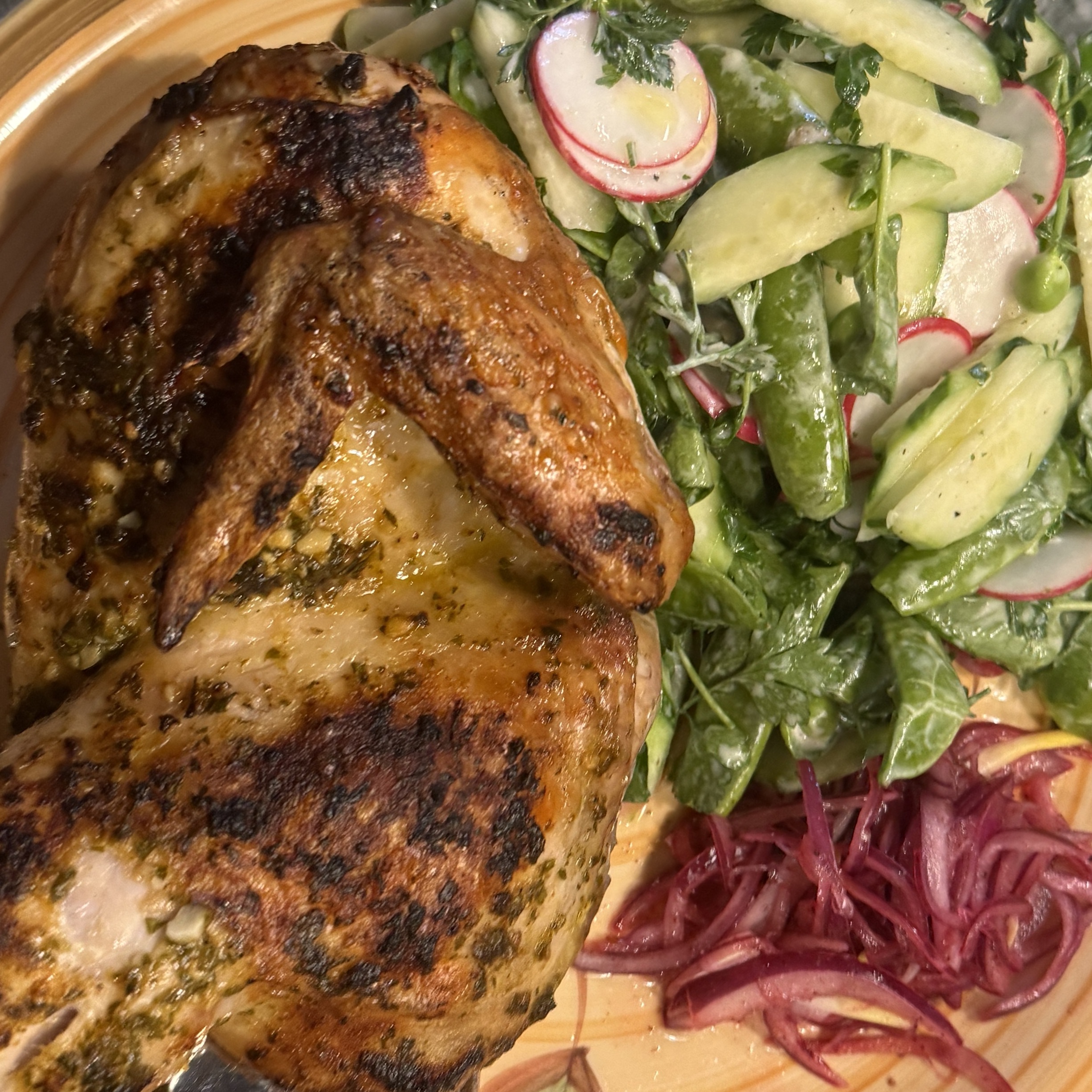 Roast chicken and market vegetables