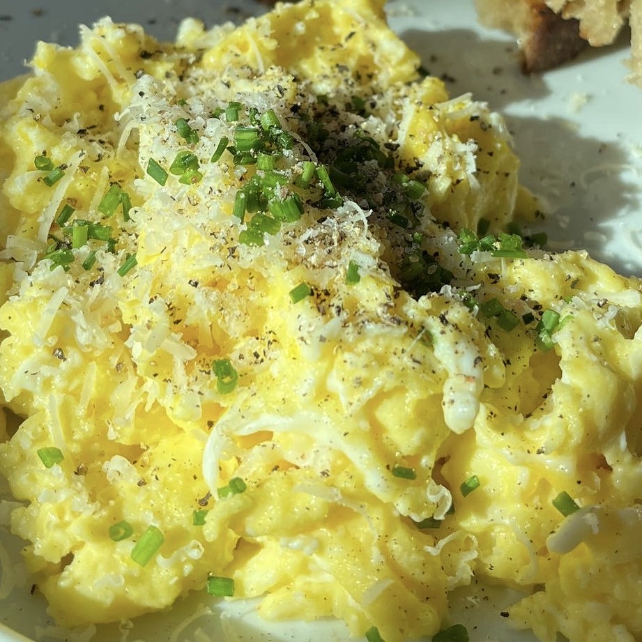 Soft eggs, chives, and parmesan